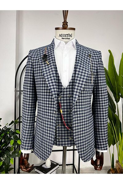 AGUSTİNİ Navy Blue Plaid Combination 3-Piece Suit Pointed Collar Bag Pocket Slim Fit Fit |   Agustini