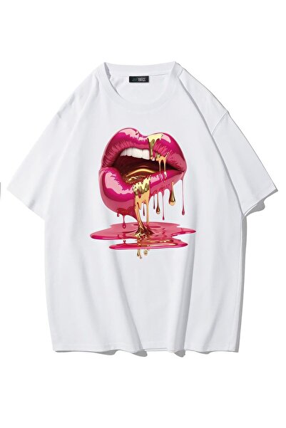 BRZ COLLECTION Tricou unisex oversize Casu Lip Lip Printed Alb