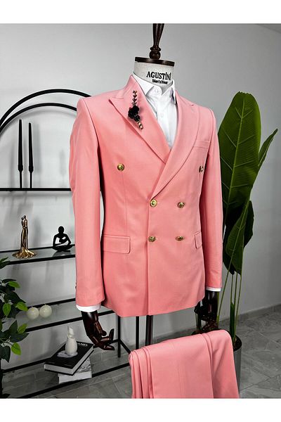 AGUSTİNİ Pink Double Breasted 2Pcs Suit Pointed Collar Slim Fit Mold |   Agustini