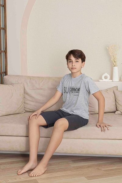 Tarık Male Young and Child Gray Short Sleeve Shorts Combed Cotton Pajamas Set