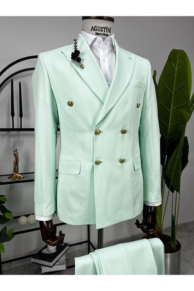 AGUSTİNİ Water Green Double Breasted 2-Piece Suit Pointed Collar Slim Fit Pattern |   Agustini