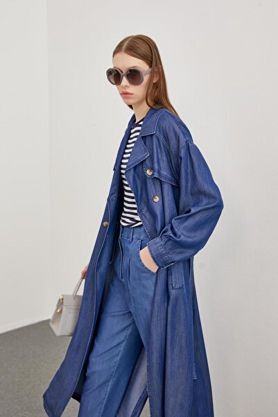 Zühre Kuşak Detaylı Mavi Trençkot 13462