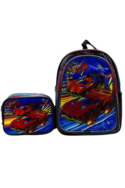 Gen-Of 2 Compartment Race Car School Backpack and Lunch Box Gray Code:1309