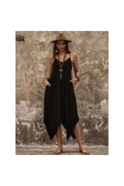 JANES V-Neck Pocket Detailed Asymmetrical Cut Detailed Viscose Dress-Black - S-M