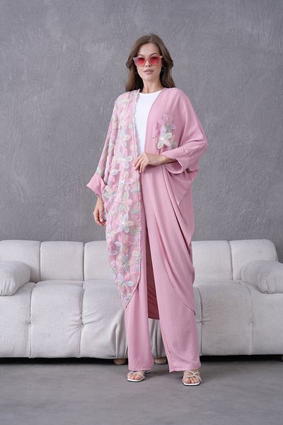 Miss Allos Women's Tulle Flower Embroidered Stone Detailed Kimono and Trouser Top Set
