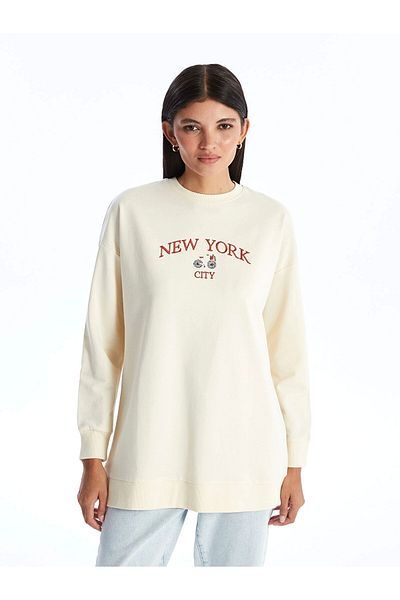 LC Waikiki Γυναικείο φούτερ LCW Modest Beige Crew Neck Κεντημένο Μπλουζάκι