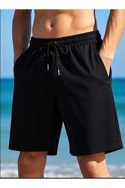 THE WHITE Men's Two Thread Basic Solid Black Shorts