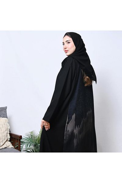 HAWRAA Black wrap abaya with dark blue and grey printed fabric