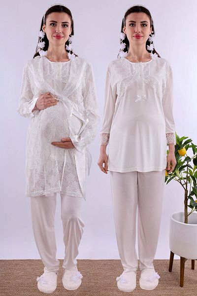 ByLohusa Effortt Ecru Lace Dressing Gown Pajama Set Byl 211302
