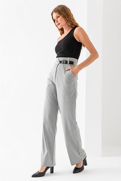 GİYSA Women's Belt Detailed Double Pocket Palazzo Trousers Light Gray - 2138