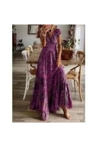 JANES Short Sleeve V-Neck Waist Gimped Patterned Single Jersey Maxi Dress-Purple - S-M