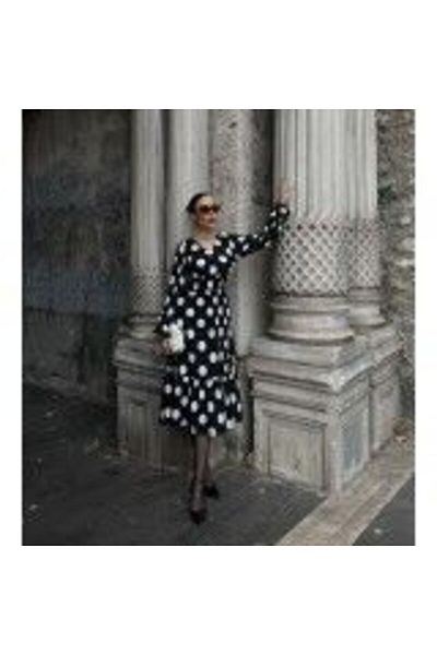 JANES Long Sleeve V-Neck Elastic Waist Polka Dot Long Crepe Dress-Black - S-M
