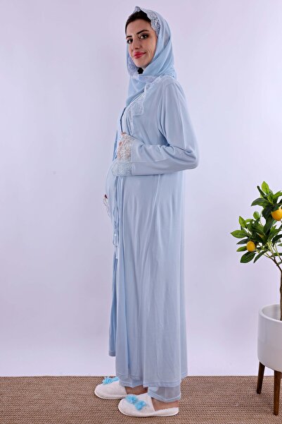 ByLohusa Effortt Mavi Tesettürlü Sabahlıklı Hamile Lohusa Pijama Takımı Byl2t80242