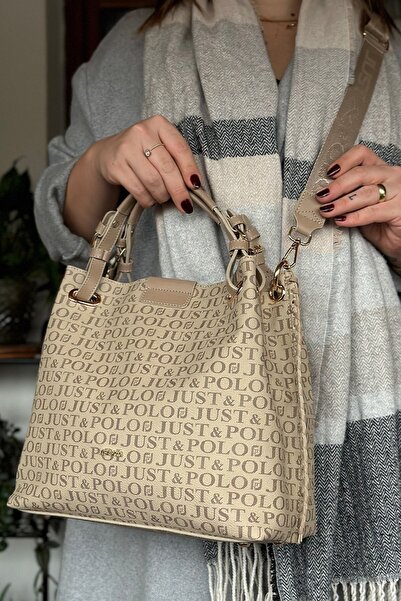 Just Polo Lilac Large Size Casual Women's Shoulder Bag - Knitted Embroidered Handmade 4031