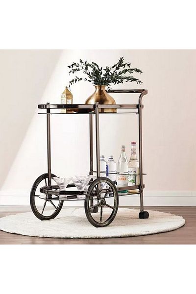 private house Taiwanese brown glossy glass steel tea trolley