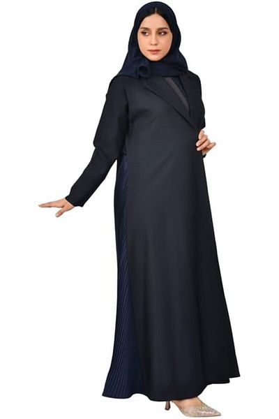 HAWRAA Dark blue blazer abaya with light dark blue additions and pleats