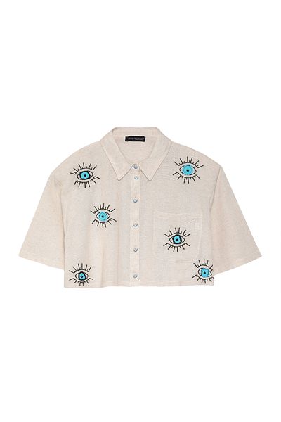 Quzu Eye Embroidery Detailed Crop Shirt Natural