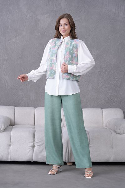 Miss Allos Women's Tulle Floral Embroidered Linen Vest and Pants Bottom Top Set