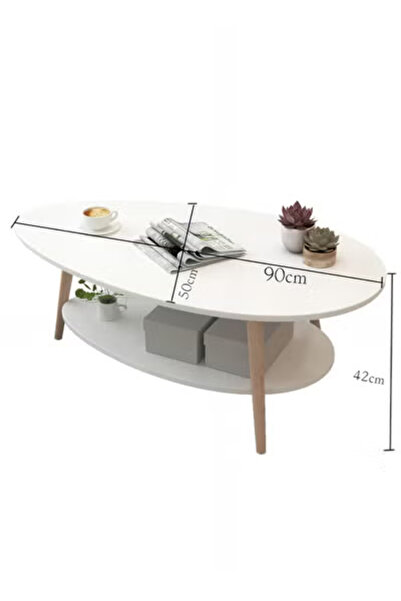 Taimi Oval Wooden Table, Modern Design Home Table with 2 Storage Layers Coffee Table 90x50x42cm - White