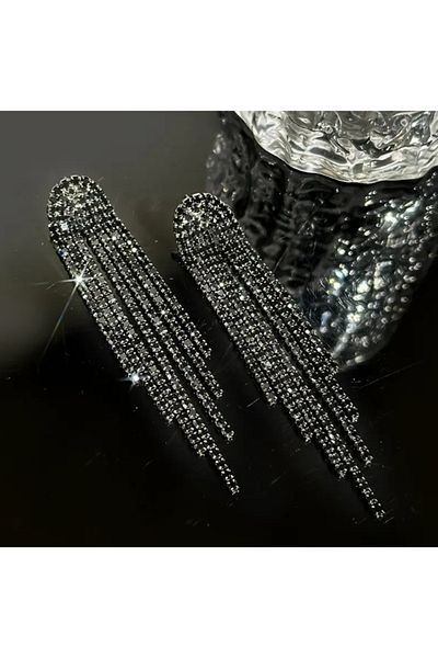 SE Jewellery Collection Selin Ersoy Black Stone Dangle Long Tassel Women's Evening Dress Earrings