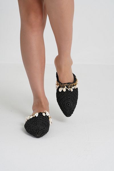 Beyond Γυναικείες μαύρες παντόφλες Salome Wicker Sea Shell Byndslm01