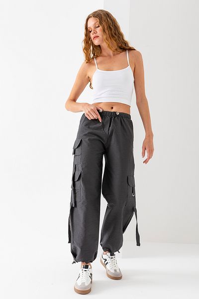 GİYSA Women's Cargo Pocket Parachute Trousers with Stopper at Waist and Leg Anthracite - 25664