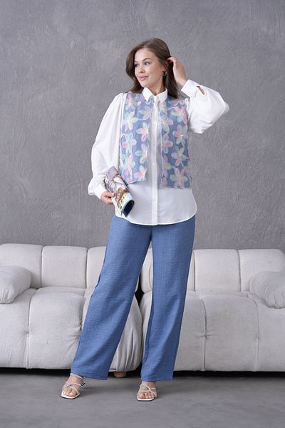 Miss Allos Women's Tulle Floral Embroidered Linen Vest and Pants Bottom Top Set
