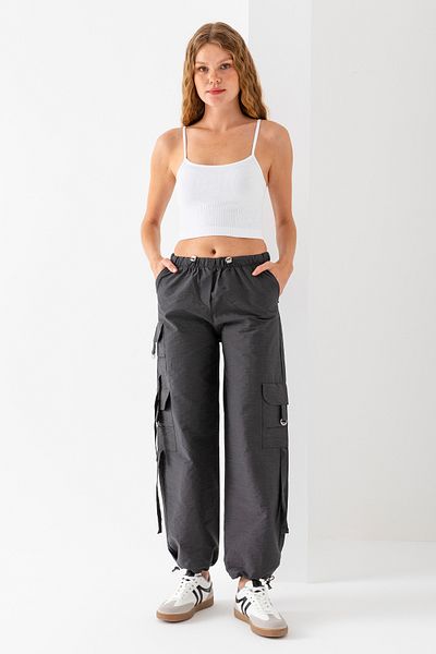 GİYSA Women's Cargo Pocket Parachute Trousers with Stopper at Waist and Leg Anthracite - 25664