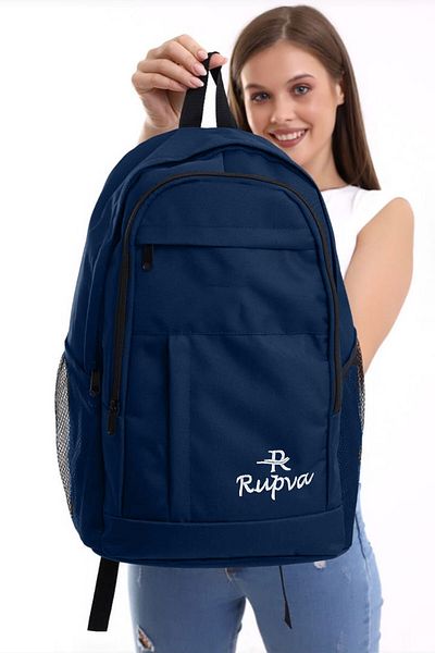 Rupva Unisex Men's Women's Multi-Compartment Side Pocket Sports School Backpack Navy Blue