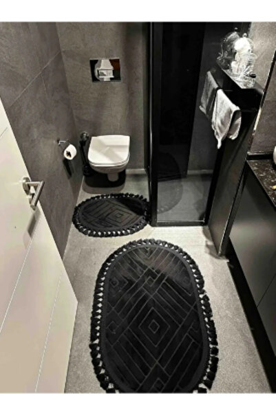 SERİA HALI Yıkanabilir Saçaklı Kaymaz Dot Taban Yumuşak Peluş Banyo Paspası 2'li Set 60x100ve40x60cm