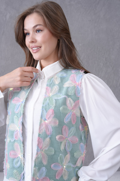 Miss Allos Дамска ленена жилетка с бродирани цветя от тюл и комплект горнище и долнище