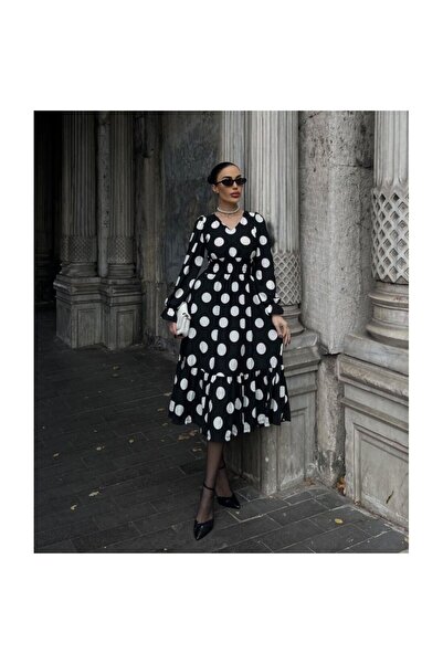 JANES Long Sleeve V-Neck Elastic Waist Polka Dot Long Crepe Dress-Black - S-M