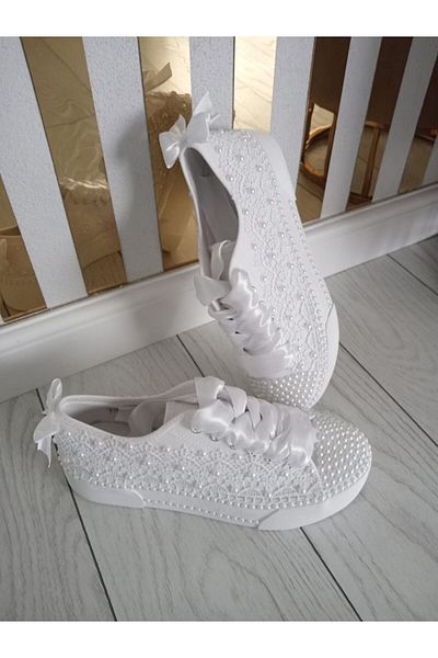 lae Handcrafted White Lace & Pearl Sneakers – Elegant, Feminine & Comfortable - Size 37