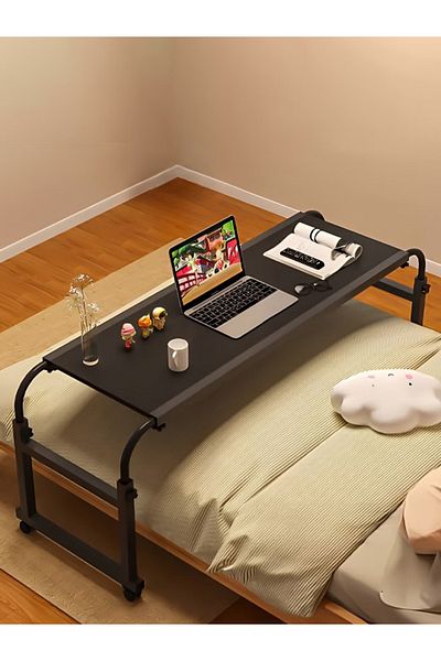 Taimi Over Bed Table with WheelsHeight Adjustable Laptop Table,Computer Desk for Home Room Black 140x50cm