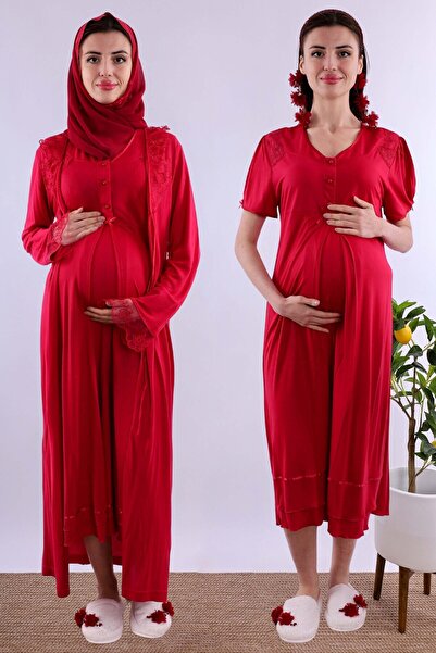 ByLohusa Effortt Vişne Tesettürlü Sabahlıklı Hamile Lohusa Gecelik Takım
