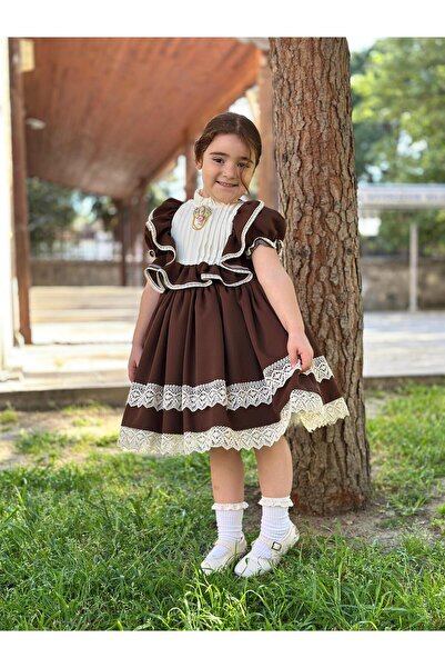 Linarookids Verona Kahverengi Vintage Kız Bebek Elbisesi, Doğum günü elbisesi...
