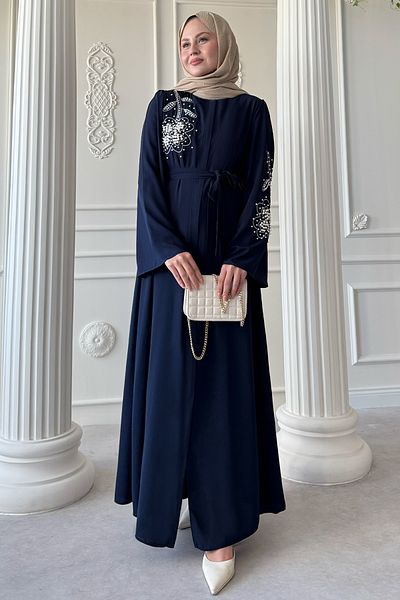 InStyle Navy Blue Ferace with White Pearls