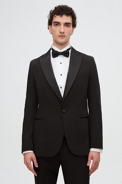Twn Slim Fit Black Crepe Pattern Tuxedo Suit