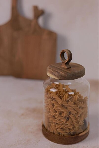 MİEN جرة زجاجية بغطاء من خشب السنط الدائري