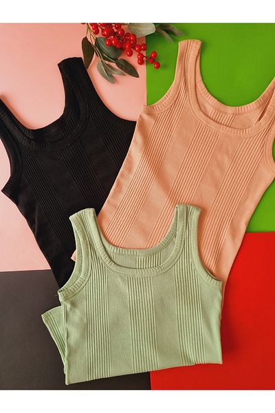 Demirsa Boutique Cotton Combed Camisole Fabric Thick Strap Oval Collar Green, Powder, Black Color Women's Undershirt 3 Pack