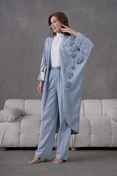Miss Allos Women's Front Sequin Embroidered Stone and Pearl Detailed Denim Kimono Cardigan