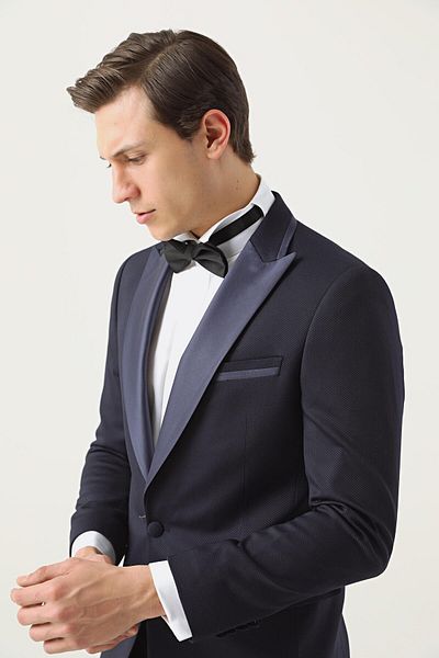 D'S Damat Slim Fit Navy Blue Dobby Groom Suit & Tuxedo Suit