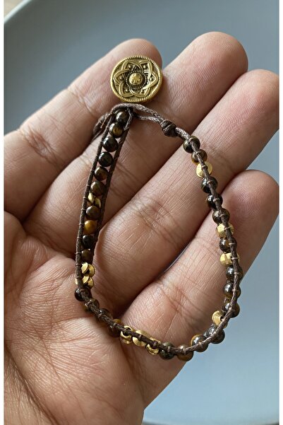 dela otantik El Yapımı doğal taşlı Bileklik – Kaplan Gözü Taşı ve Pirinç Detaylı İpli Otantik Bohem Bijuteri Takı