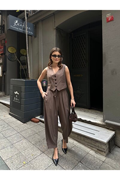 VOLT CLOTHİNG Kadın Premium Kumaş Yelekli Şalvar Kesim Pantolonlu Takım