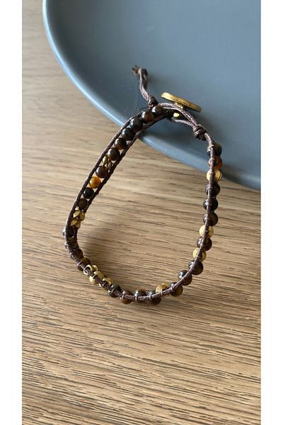 dela otantik Handmade Natural Stone Bracelet – Tiger Eye Stone and Brass Detailed String Authentic Bohemian Bijouterie Jewelry