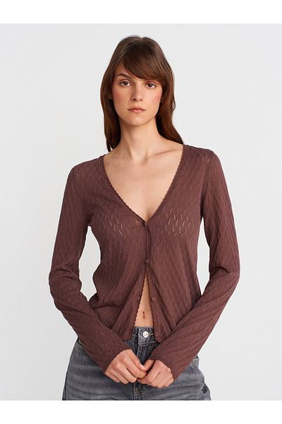 Dilvin 60969 V-Neck Openwork Button Slim Knitwear Cardigan-Brown
