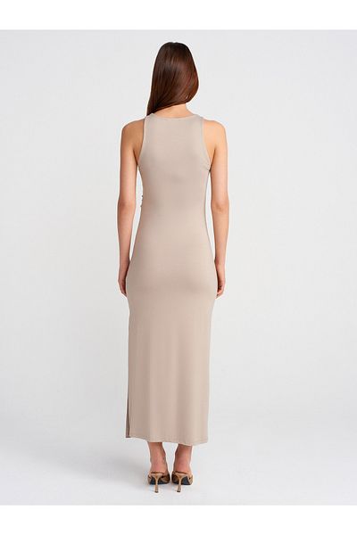 Dilvin 91458 Gathered Midi Dress-Beige