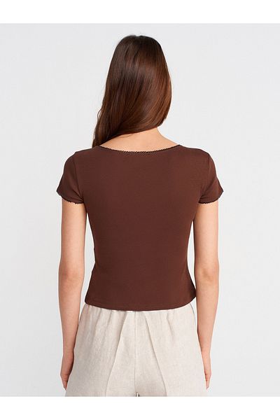 Dilvin 31798 Short Sleeve Shirred Top-Light Brown