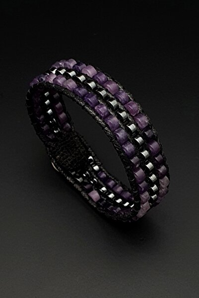 Seven Art Jewelry Doğal Taş Bileklik, Ametist ve Hematit Tarz Bileklik, Mor B...