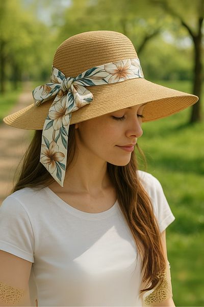 LAGRANZE Women S Wide Brim Straw Hat with Flower Pattern Bow Detail Summer Uv Protection